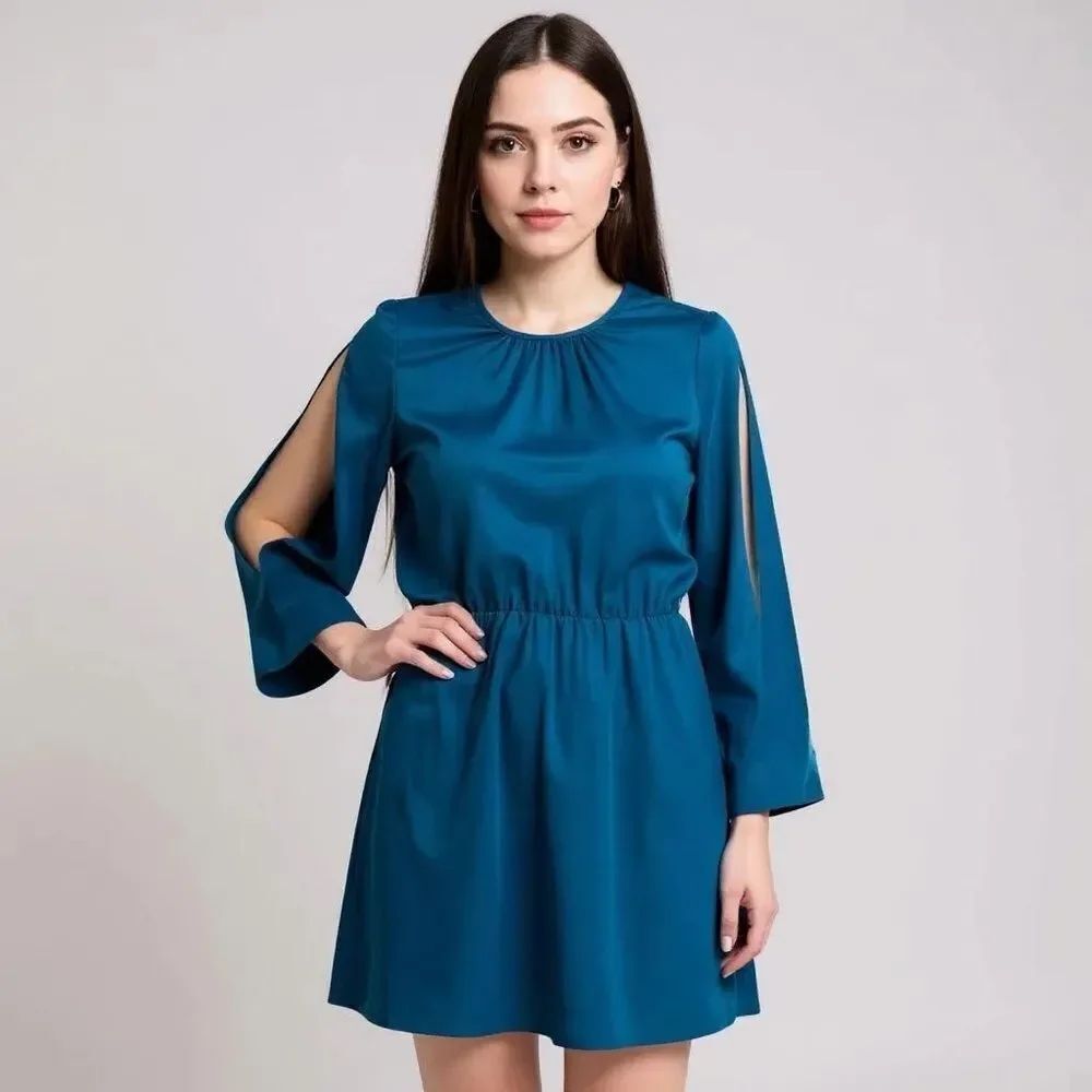 Blue Cut Out Long Sleeves Knee Length Dress NWT